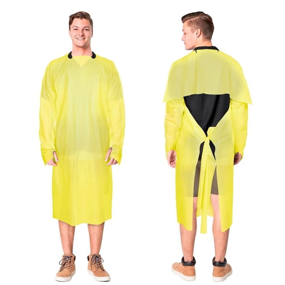 Yellow Disposable Isolation Gown, X-Large, 45 Inch. Pack of 200 PPE Gowns Disposable. Waterproof CPE Personal Protective Equipment Gown with Waist Ties and Thumb Loop