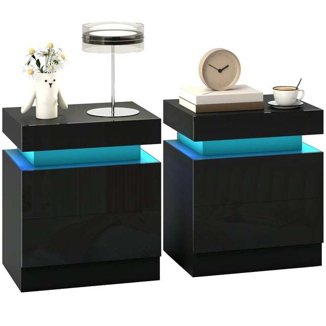 HOMCOM Ensemble de 2 Tables de Nuit, Table d'Appoint avec Lumières DEL, Noir