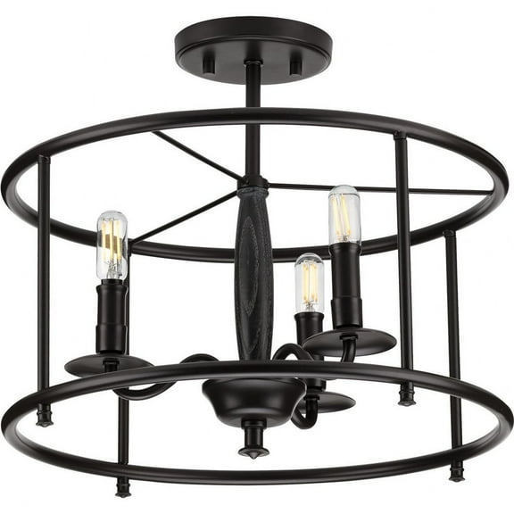 Progress Lighting Durrell 3-Light Semi-Flush, Matte Black, Open-Cage, Farmhouse Style, Vintage Candlesticks