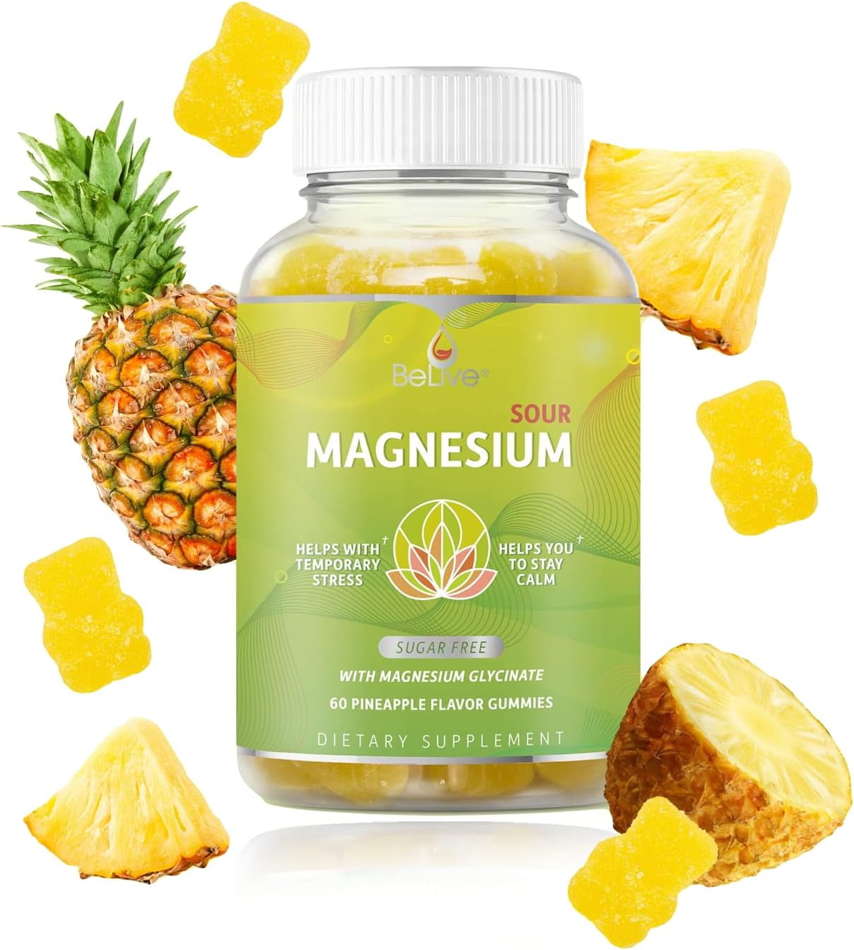 BeLive Magnesium Gummies 200mg - 60 Ct | Magnesium Glycinate Supplements for Relaxation, Stress Relief, and Sleep for Adults & Kids - Tasty and Tangy Pineapple Flavor
