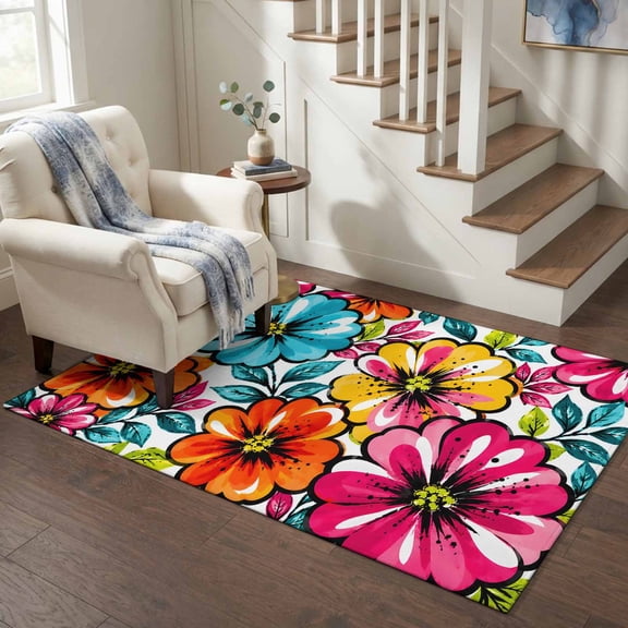 Area Rugs 4'x6'. Bohemia Floral Carpet Runner Indoor Outdoor Rugs Home Decor Aesthetic, Summer Abstract Flower Blossom Leaf Watercolor Non Slip Mats Washable Accent Rug for Living Room Bedroom
