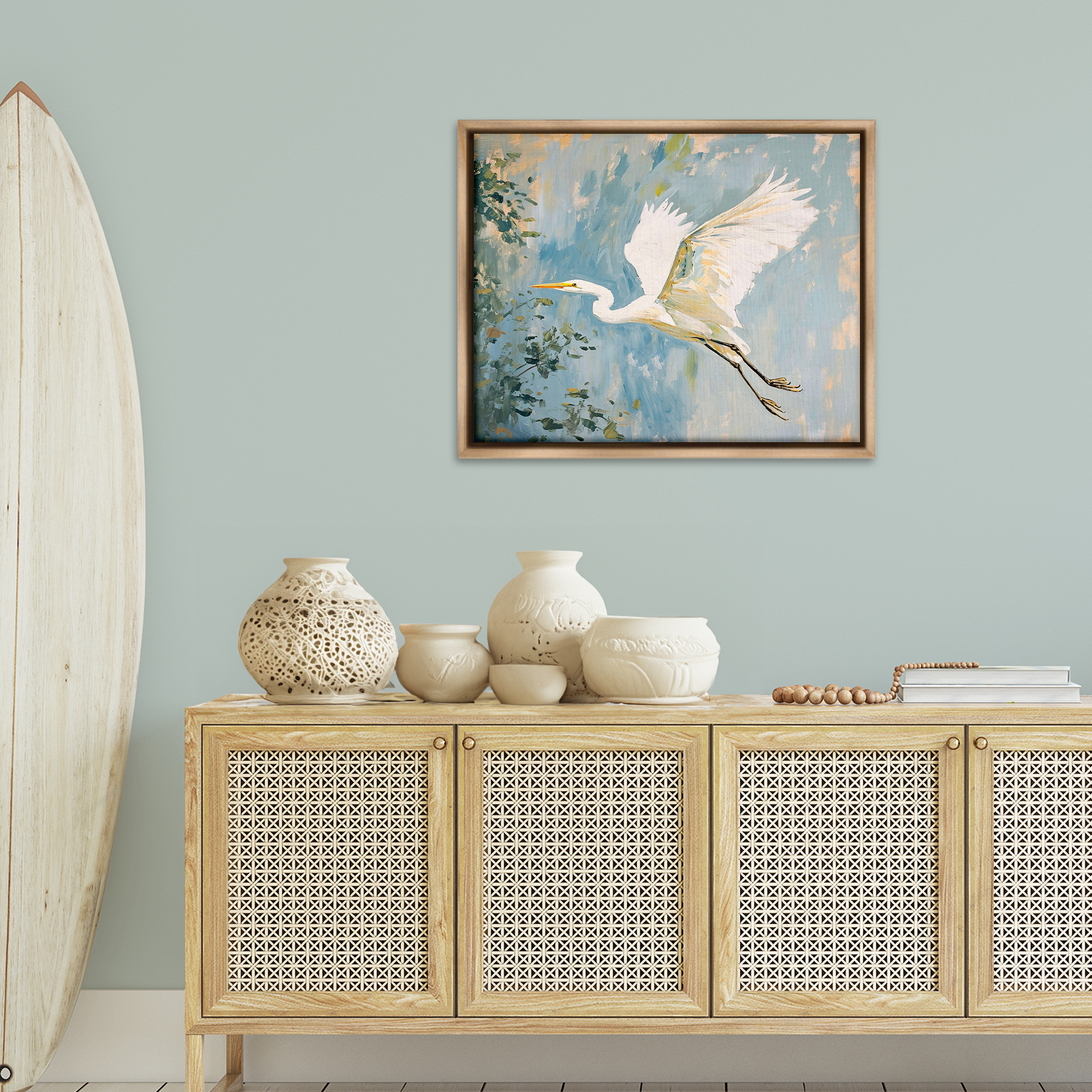 Stupell Industries White Heron in Flight Animals & Insects Painting Brown Floater Framed Canvas Art Print Wall Art, 31 x 25