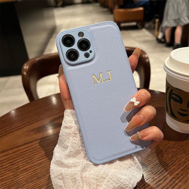 Personalised Customized Name Case For iPhone 16 15 14 13 12 11 Pro Max Initials Letters Leather DIY Cover 13 14 15 16 Pro Max sky blue for iphone 13Pro