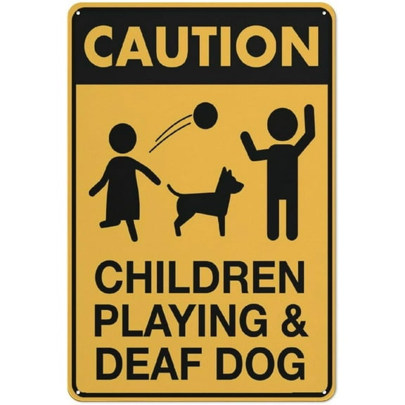 Caution Children Playing And Deaf Dog Sign Outdoor Metal Sign - 12 X 8 Metal Signs For Business, Workplace, Office, Home, Delivery Signs, Road Signs, Garden Signs