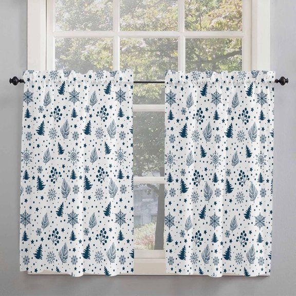 Christmas Trees Kitchen Curtains 54 Inches Long, Winter Xmas Pine Needles Snowflake Rod Pocket Window Curtains Panels for Bedroom/Bathroom/Nursery, Light Filtering Treatment Curtains Drapes 42"x54"