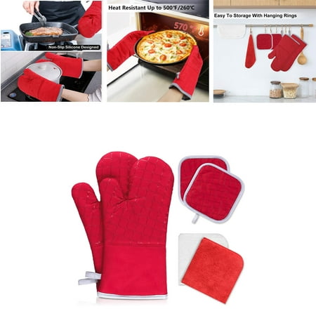 

Morease 6Pcs Oven Mitts and Pot Holders 500℉ Heat Resistant Oven Mitts with Kitchen Towels Soft Cotton Lining and Non-Slip Surface Safe for Baking Cooking BBQ