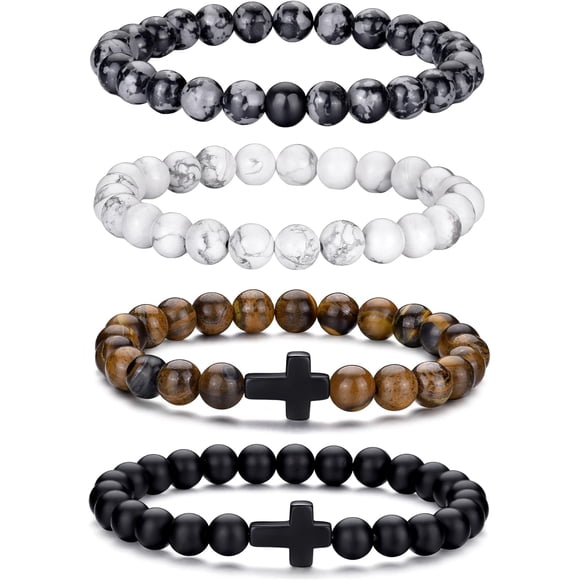 Tiger Eye Men's Bracelet 8MM Natural Stone Beads Bracelet Set Stretch Lava Stone Bracelet Adjustable Black Crystal Beads Bracelet Men Women Gifts