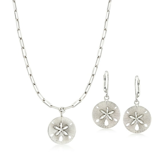 Ross-Simons Sterling Silver Sand Dollar Jewelry Set: Drop Earrings and Necklace, Women's, Adult