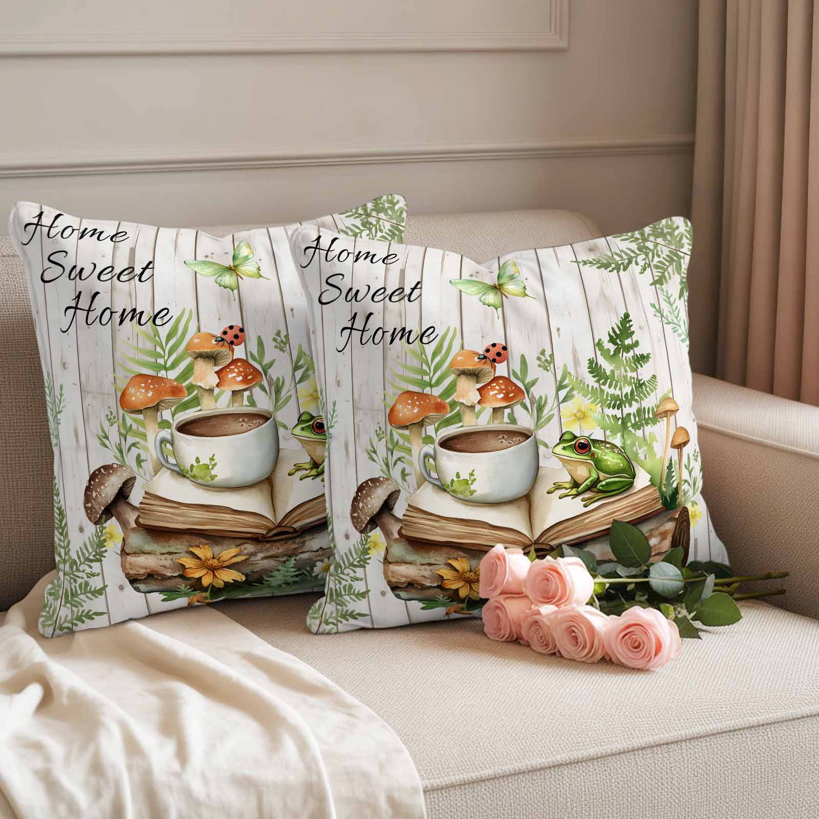 Pastoral Plant Pillow Covers 2 Pack Sweet Butterfly Coffee Book White Wood Pillowcase Waterproof Outdoor Throw Pillow Cover for Patio Garden Square Cushion 24”x24”