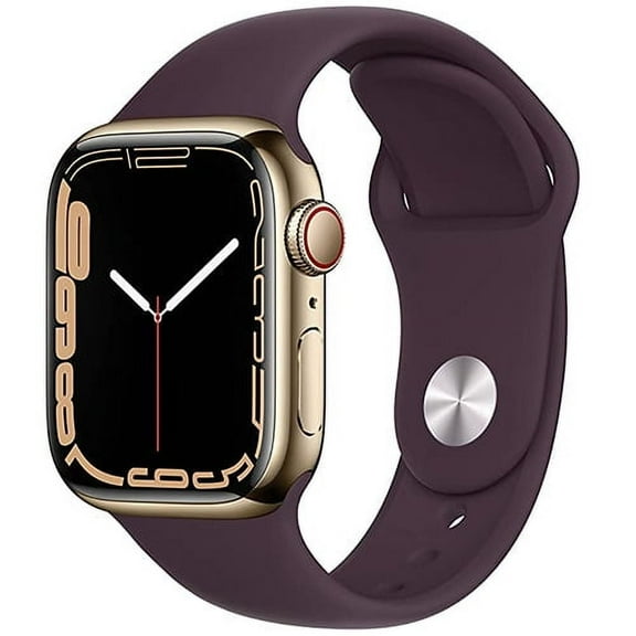 Pre-Owned Apple Watch Series 7 41mm GPS   Cellular Unlocked - Gold Stainless Steel Case - Dark Cherry Sport Band (2021) - Fair