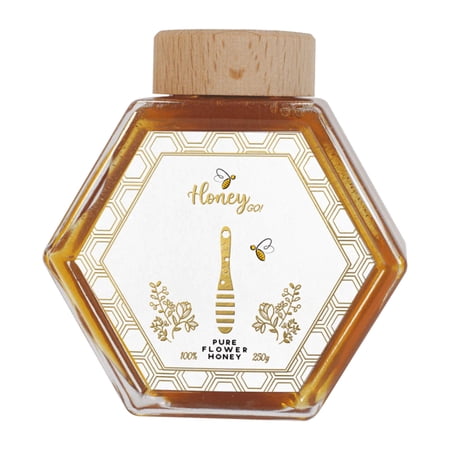 HoneyGo! Hexagon Shape Poly Flower Honey with Wooden Dipper and Cork Certified | 100% All-Natural Pure Turkish Honey for Breakfast, Toasts Desserts (8.8 oz)
