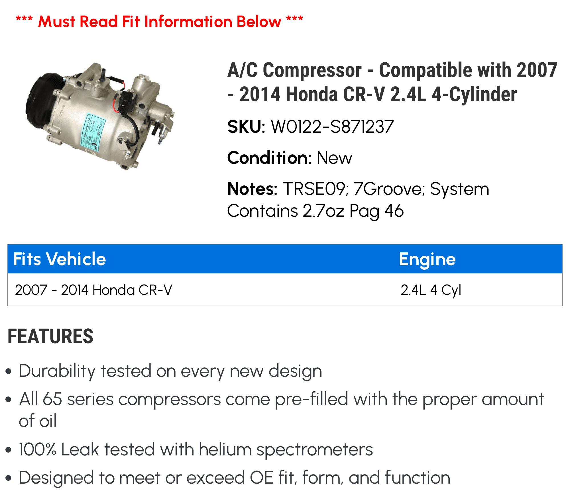 A/C Compressor For Honda CR-V 2007-2014 & Acura RDX 2007-2010 – 1 Year Warranty