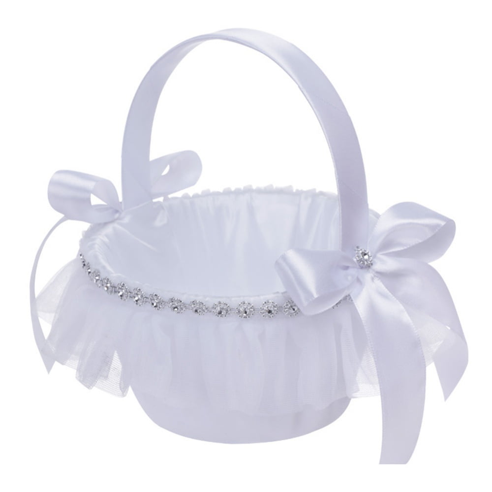 Fashion Wedding Ceremony Party Flower Girl Basket Pearl Feather Bowknot Decor 