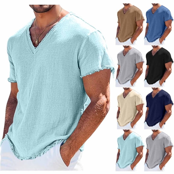 Goodtrade8 T-Shirts for Men Cotton Linen Loose Pullover Casual Lightweight Short Sleeve Solid Color V-Neck Shirts for Men