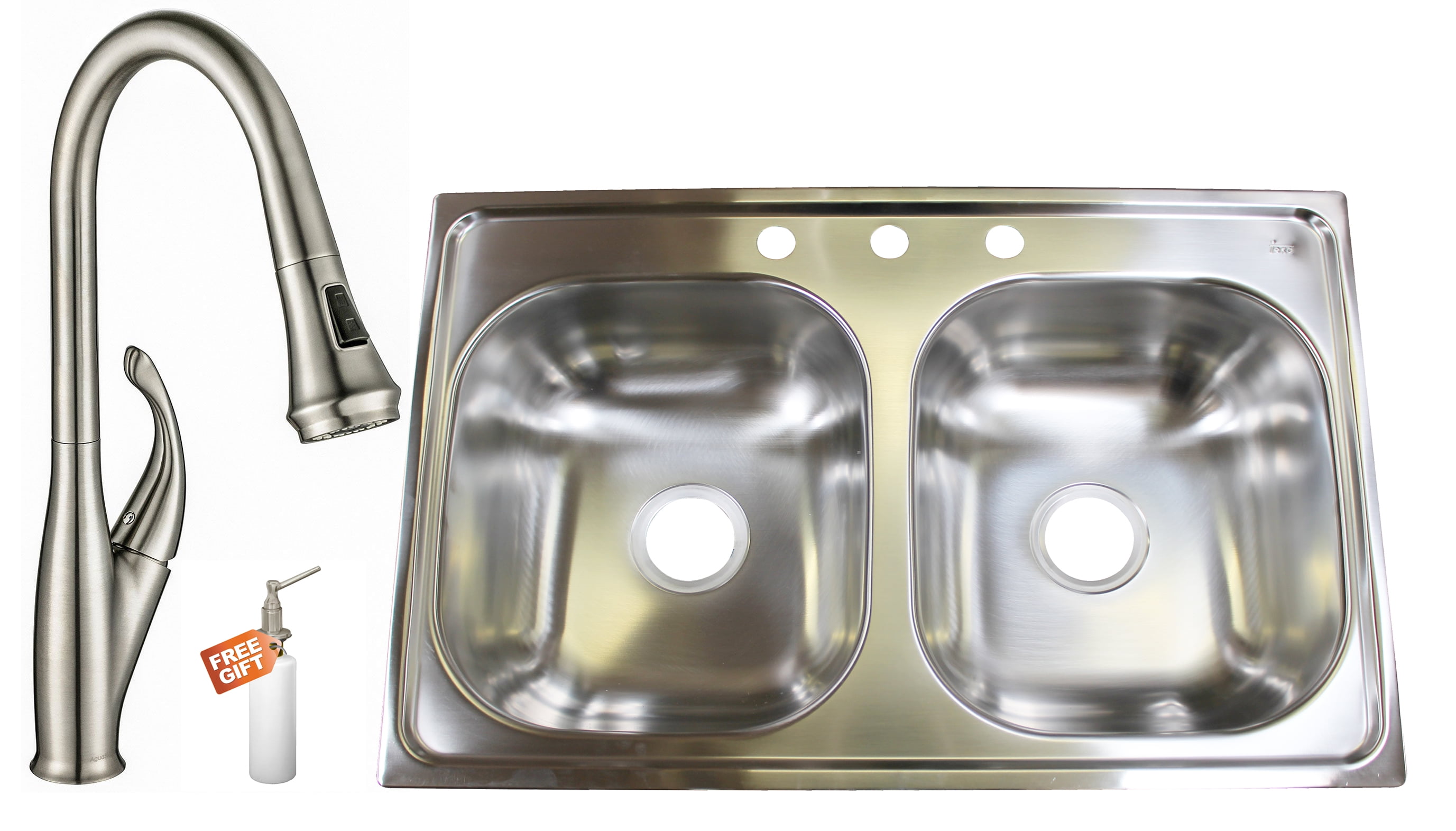 33" DropIn Stainless Steel 3Hole 50/50 Double Bowl Kitchen Sink Set with Faucet in Stainless