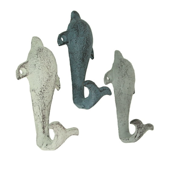 Zeckos Colorful Cast Iron Dolphin Wall Hooks 5 inch Set of 3