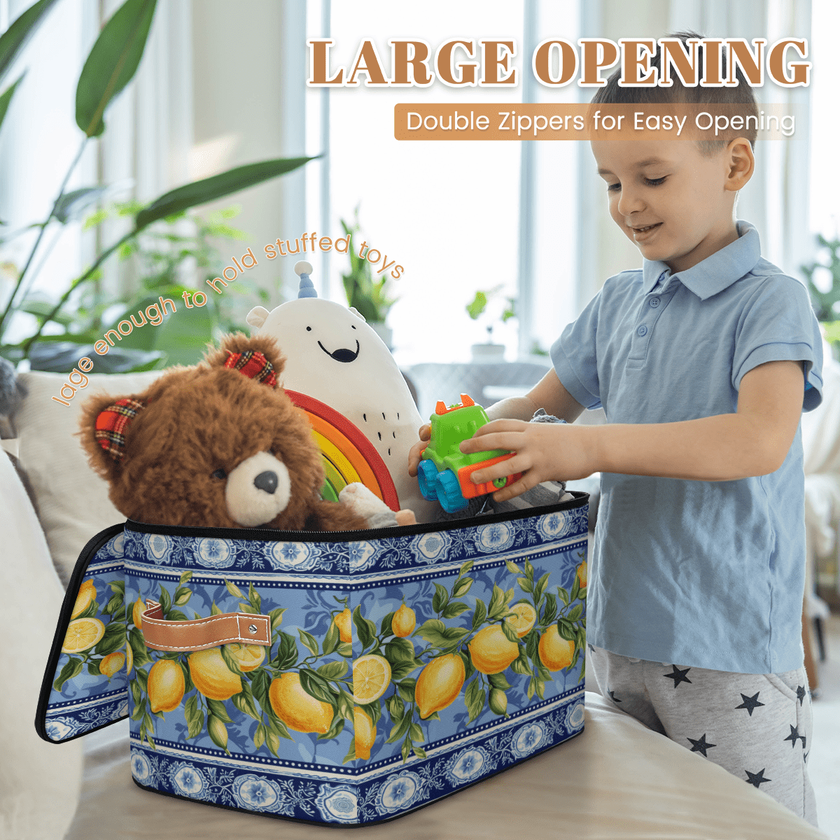 ADECORIVY Blue Lemon Storage Bin with Zipper Lid, Fabric Foldable Shelf Baskets Boxes, Closet Lidded Storage Bins, Decorative Clothes Organizer for Bedroom Home