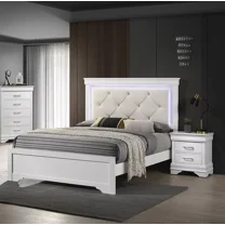 Luxurious White Queen Size 3Pc Bedroom Set Panel Bed w LED Unique Tufted HB Nightstands Wooden