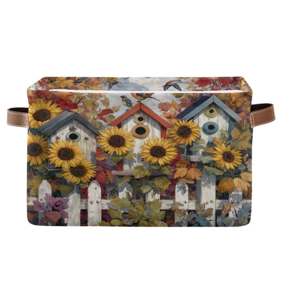 1-Pack Square Closet Organizers with Handles Open Basket Bins Birdhouses with Sunflowers Storage Basket for Home Office