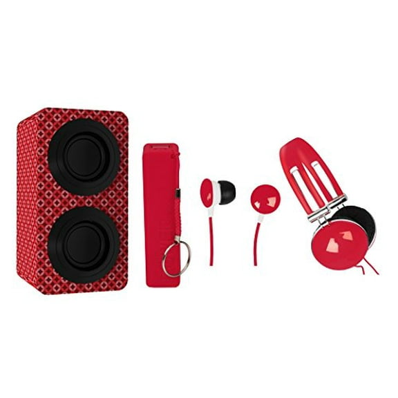 Naxa Electronics NAS-3061A Portable Bluetooth Stereo Speaker Entertainment Pack with Headphones, Earphones and Battery Pack, Red
