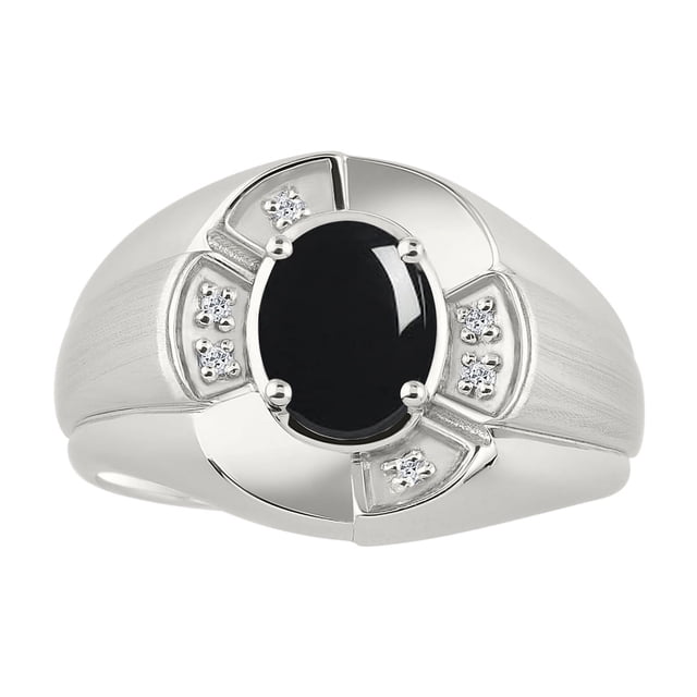 RYLOS Sterling Silver Ring 8X6MM Oval Gemstone & Diamond Unisex Rings Onyx October Birthstone Ring Size 8