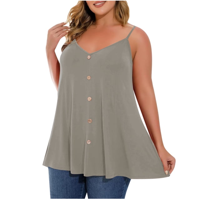 Womens Plus Size Flowy Camisoles Summer Buttons Spaghetti Strap Tank Tops Loose Trendy Sleeveless Tops Gray, L