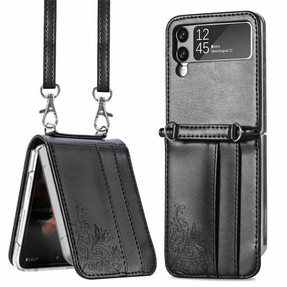 Compatible with Samsung Galaxy Z Flip 5 Wallet Case with Shoulder Strap Leather Crossbody Shockproof Case-Black