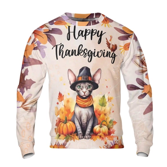 Happy Thanksgiving Sphynx Welcome Thankful Fall Autumn Pumpkin All Over Print 3D Sweatshirt Unisex Merch Cat Lover Kitten Owner Gifts Idea - 02021