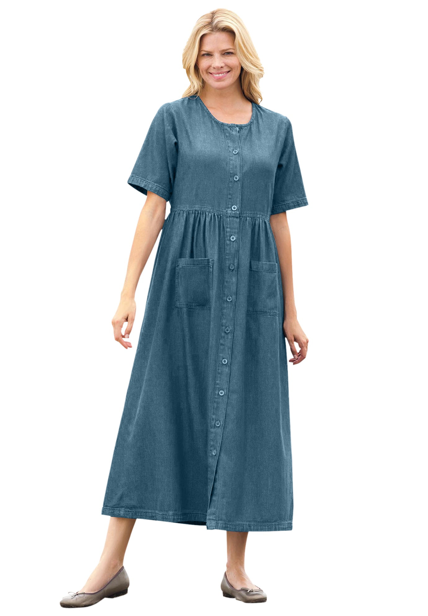 Woman Within - Woman Within Women's Plus Size Short-Sleeve Denim Dress ...