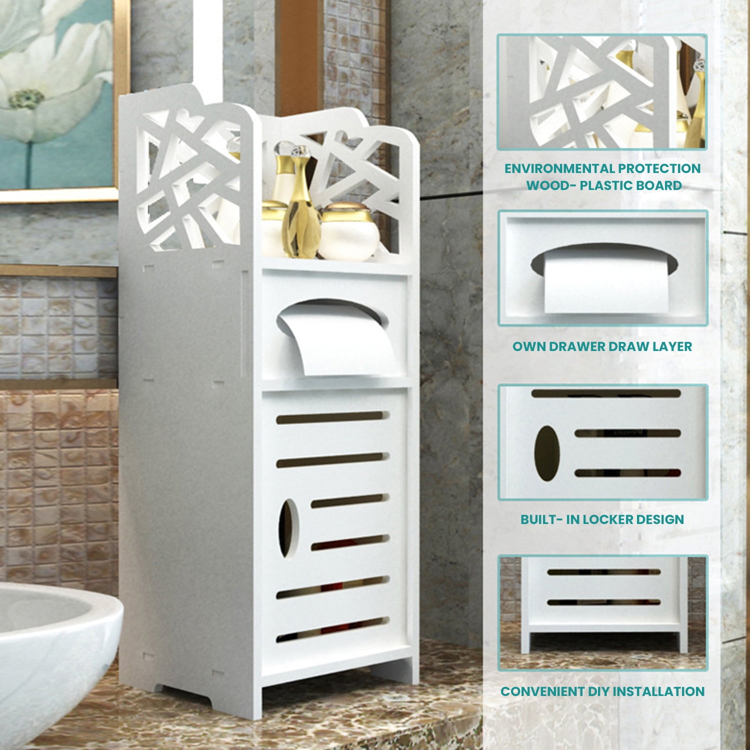 HOMM Bathroom Storage Cabinet With 2 Doors And 2 Shelves, 4 Tier Design Toilet  Paper Storage Stand For Small Space And Corner, L6.7 X W6 X H31 Inch, White