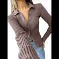 thumbnail image 3 of Camisa Informal de Larga para Mujer, de Color Liso, Sencilla, de Lana, con Solapa y Botones A Rayas. Camello XL, 3 of 8