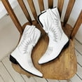 thumbnail image 4 of Embroidery Cowboy Boots for Women White Black Leather Mid Calf Chunky Heel Pointed Toe Pull on Long Booties, 4 of 7