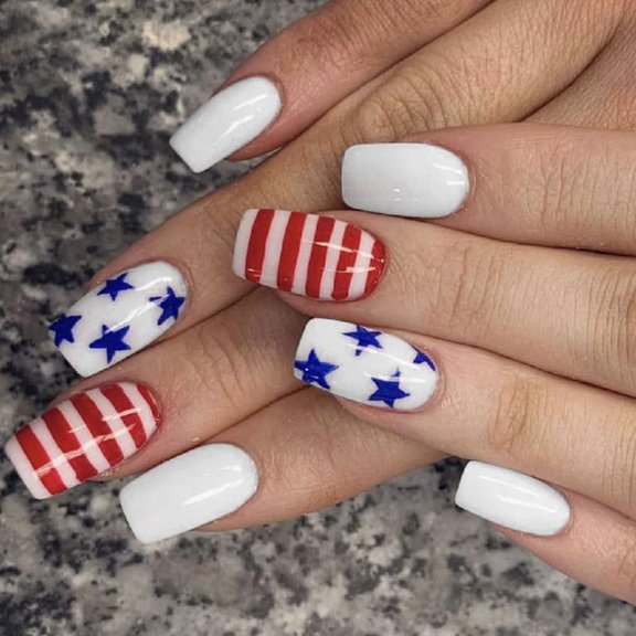 JZROCKER Independence Day French Tip Press on Nails Square Fake Nails Glues on Nails Artificial False Nails for Nails Decors