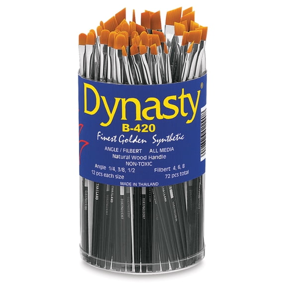 Dynasty B-420 Cylinder Golden Synthetic Short Lacquered Handle Paint Brush Set, Assorted Size, Black, Set of 72