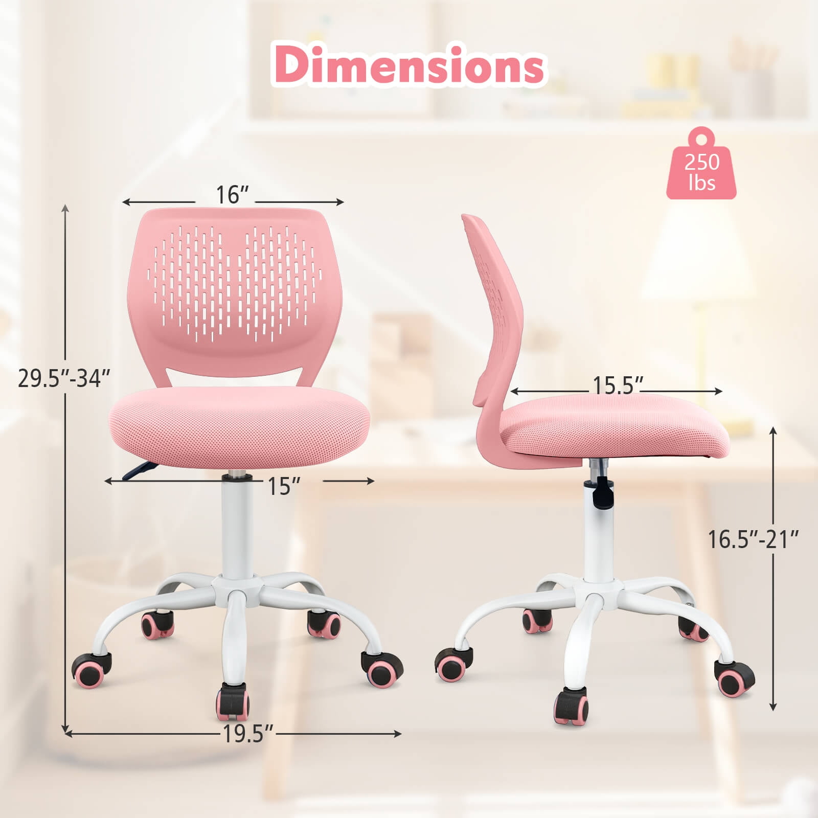 Costway Kids Desk Chair Ergonomic Swivel Children Mesh Study Height Adjustable Pink Pink