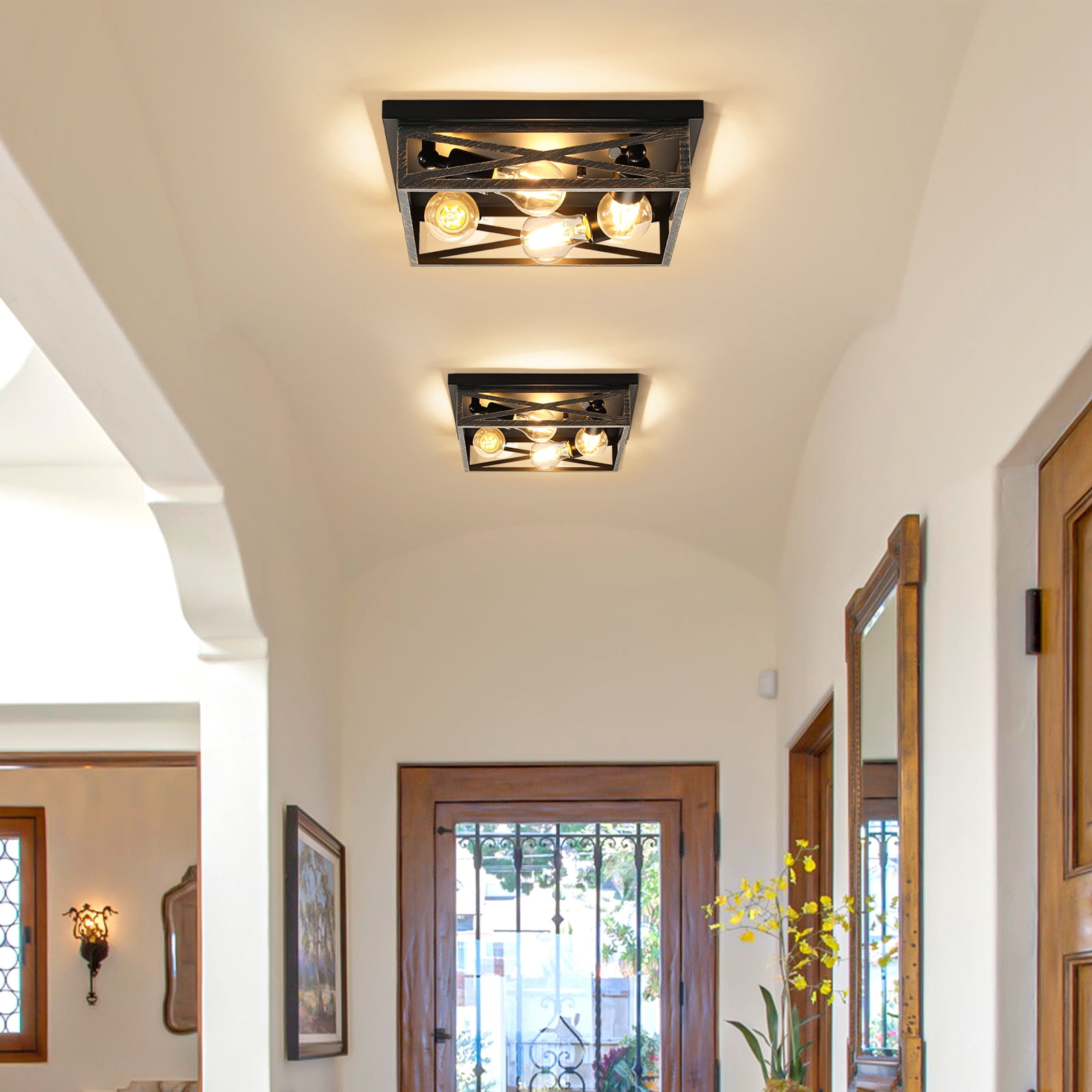 2 Pack Flush Mount Ceiling Light, Modern Farmhouse Light Fixture,Industrial Square Metal Cage Ceiling Light for Kitchen, Hallway E26 Base(13in)