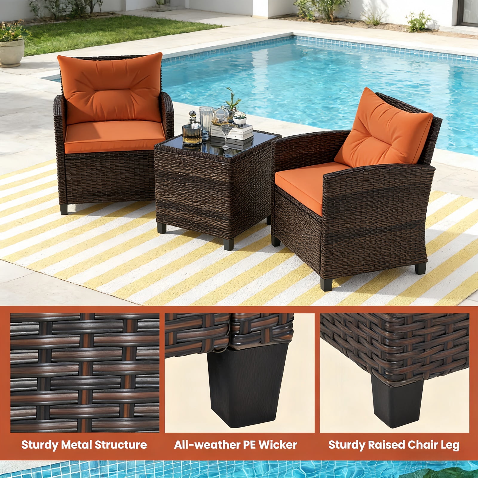 Hommoo 3 PCS Rattan Patio Furniture Set, Outdoor Brown Wicker Conversation Set with Glass Tabletop & Orange Cushion