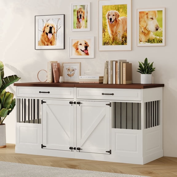 Large Dog Crate Furniture, 63" Wooden Indoor Kennel for 2 Dogs with Drawers & Removable Divider, Heavy Duty Pet Crate Table, White