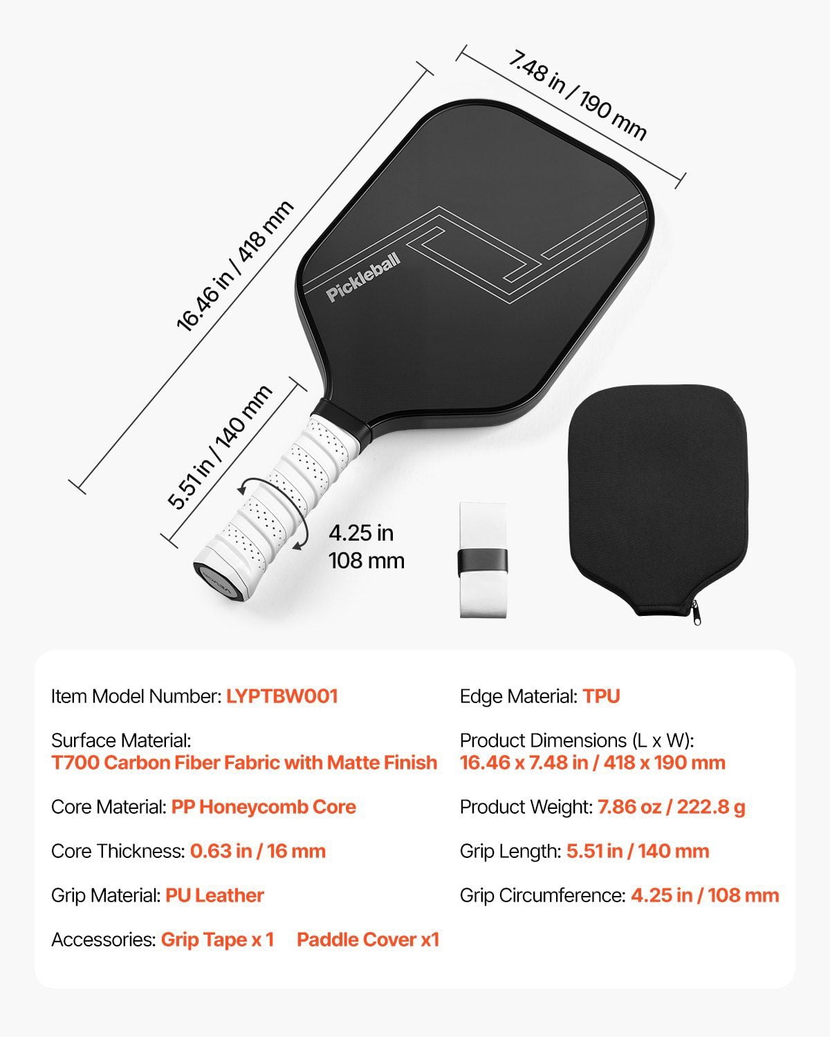 Pro Carbon Fiber Pickleball Paddle with T700 Surface and 0.63" PP Honeycomb Core for Adults, Sweat-Absorbing Non-Slip Grip, Wide Body Design, Lightweight 7.86 oz, Perfect for Indoor and Outdoor Play