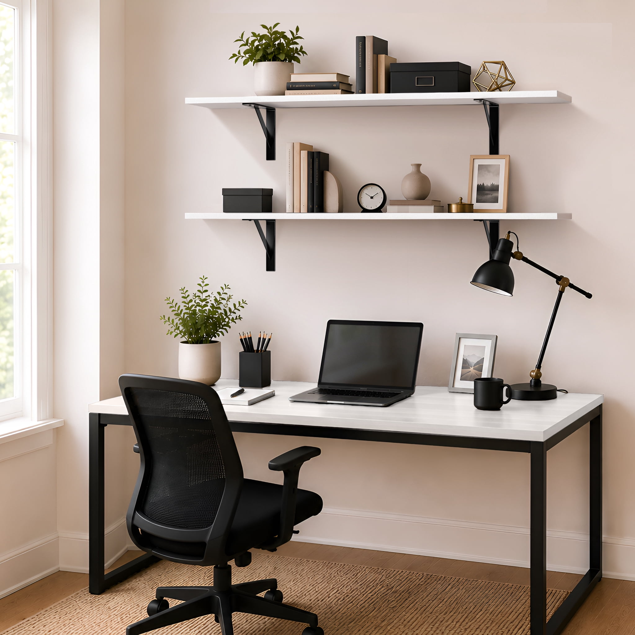 Sorbus 47.3 in Wood Wall Shelves with Black Metal Brackets, White, 2-Piece Set