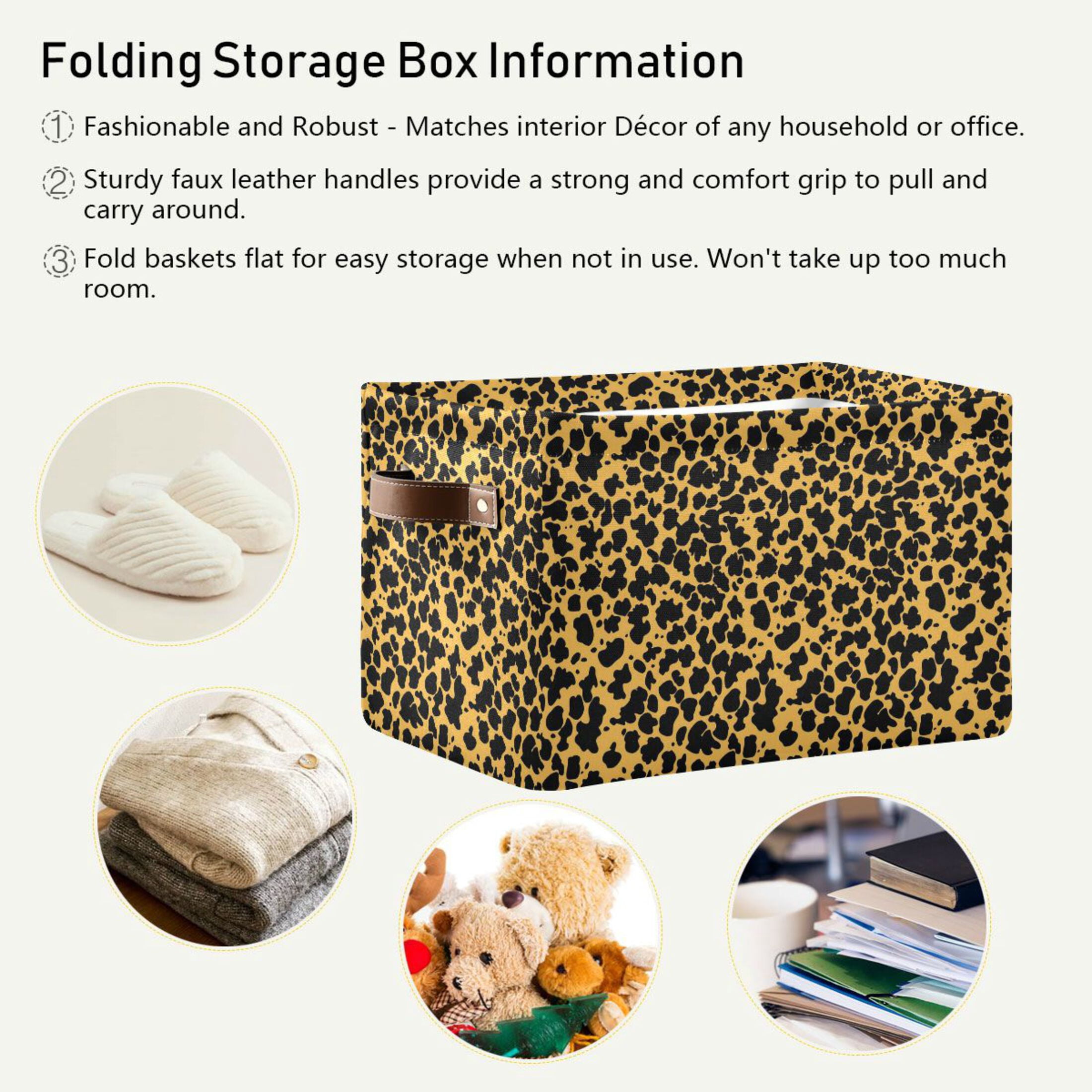 Black Leopard Print Storage Bins with Handle Fabric Organizer Basket Foldable Box 2 Pack 14.2x10.2x8.3