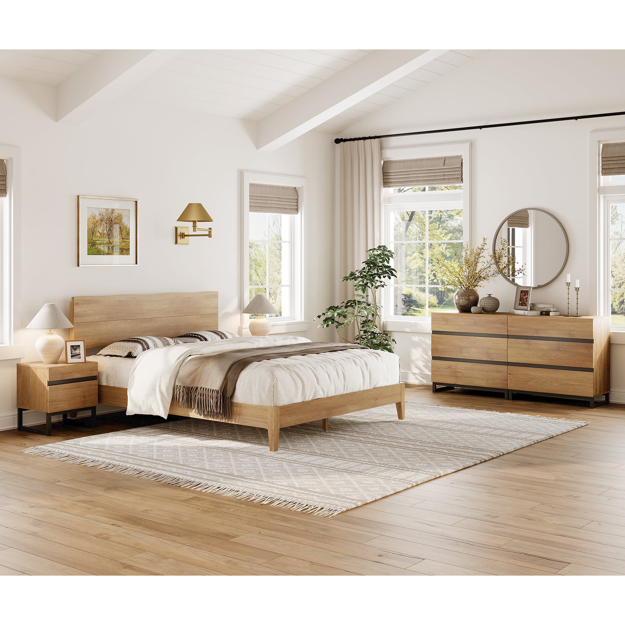 Wampat 4-Piece Bedroom Set Queen Bed Frame with Wave Headboard 6 Drawers Dresser & Set of 2 Nightstands