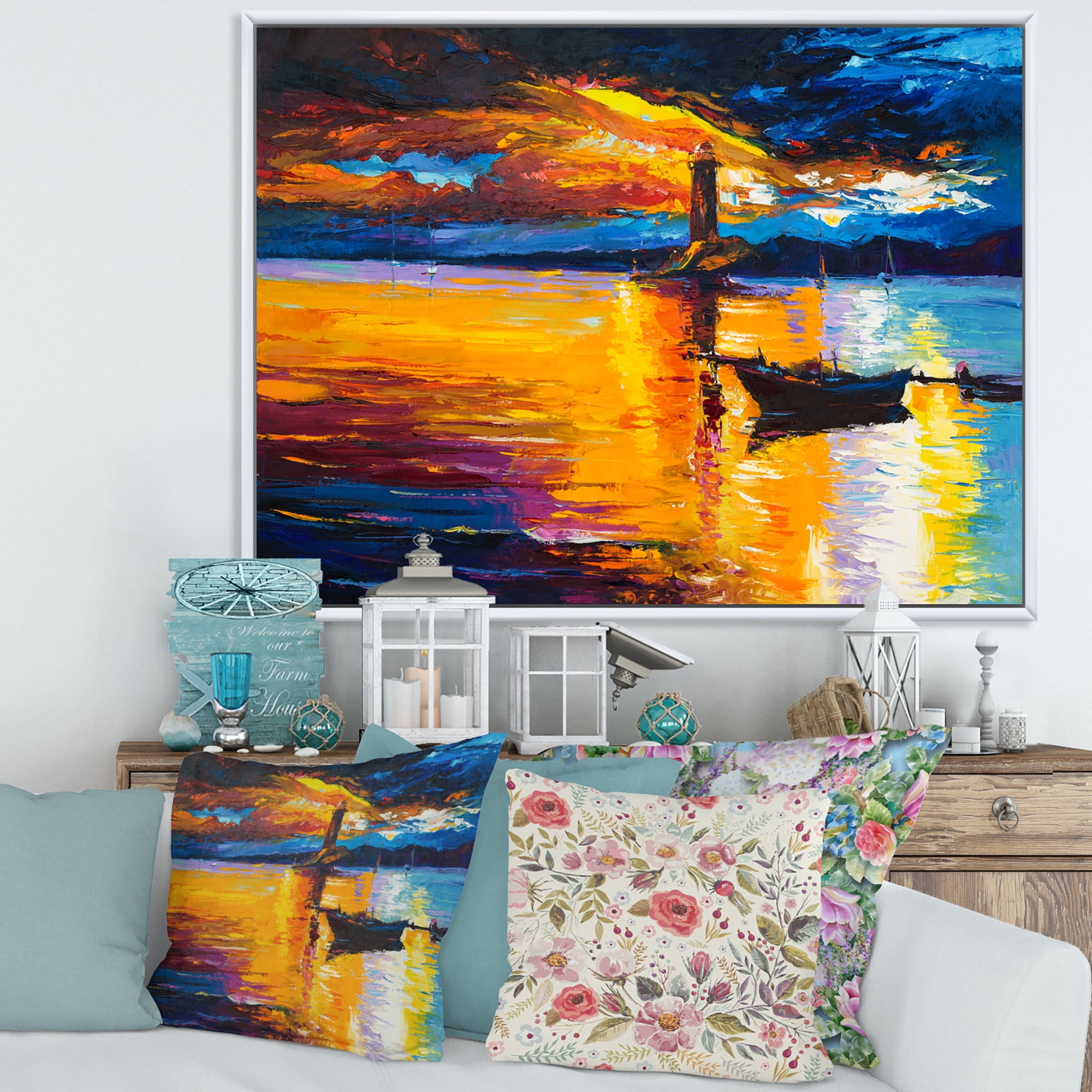 Designart 'Little Boat By Lighthouse During Evening Glow' Nautical & Coastal Framed Canvas Wall Art Print