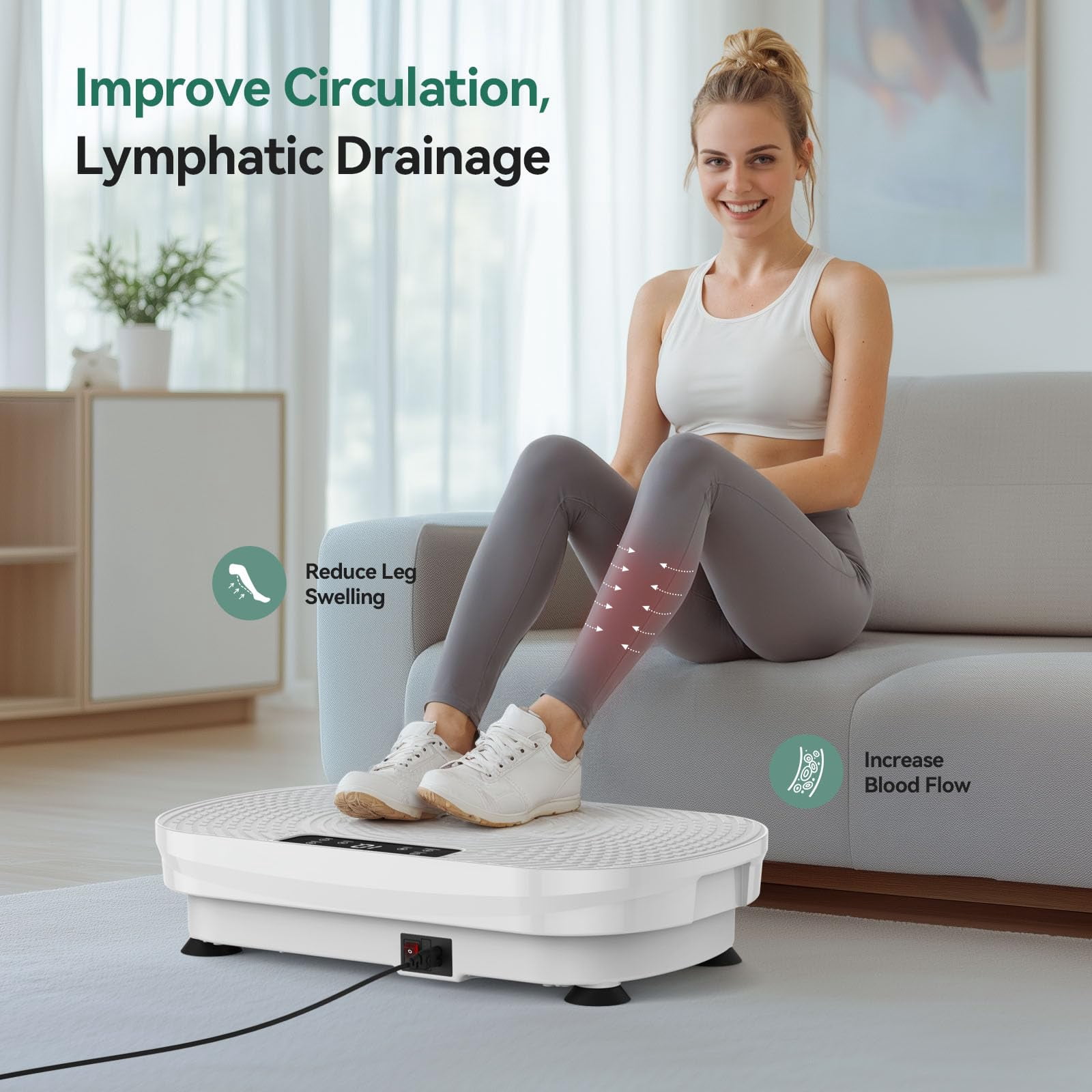 UPGO Vibration Plate Exercise Machine, Lymphatic Drainage Machine, Whole Body Workout Vibration Platform w/ 2 Resistance Bands for Weight Loss, Toning & Wellness-White