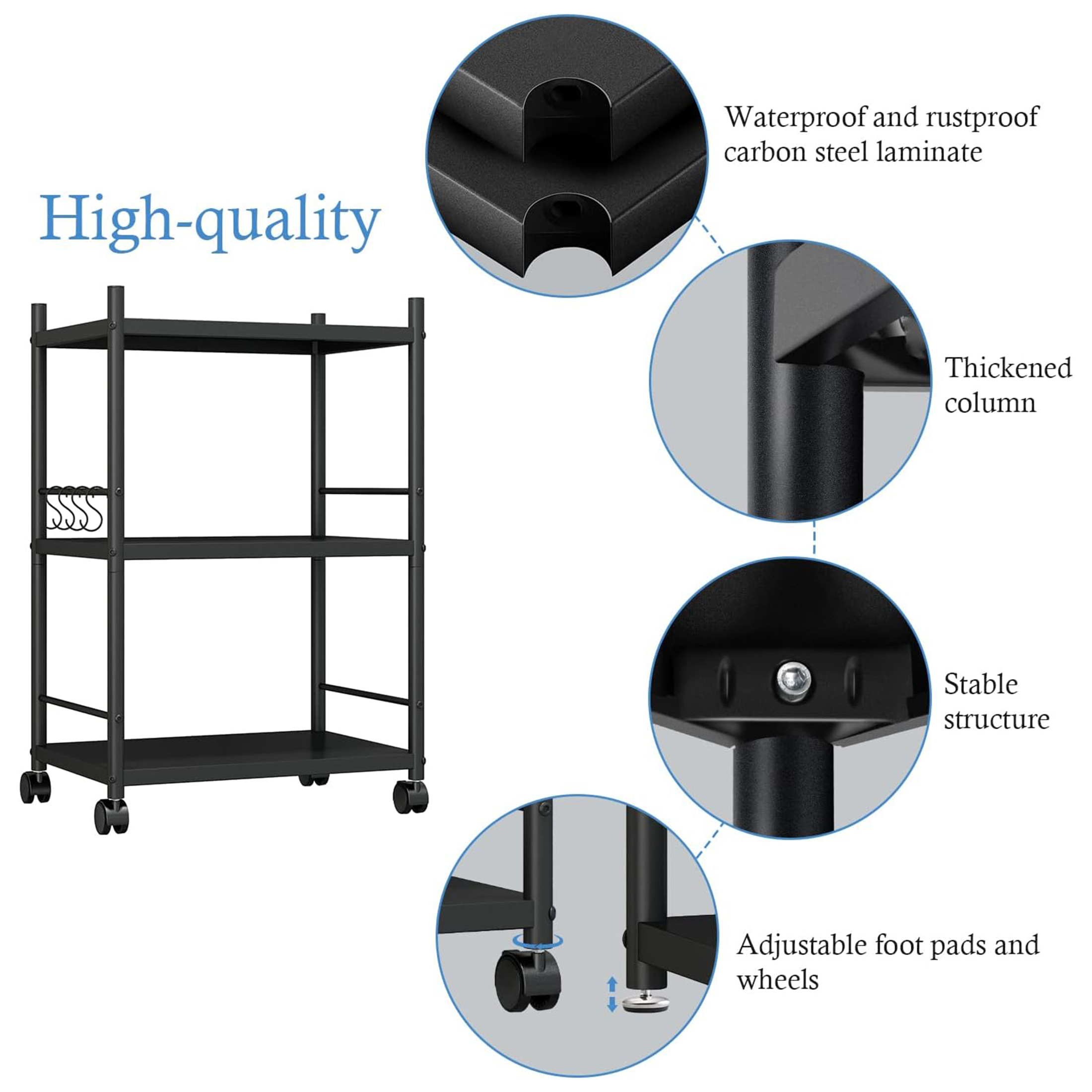 Hipuna Kitchen Baker's Rack 3-Tier Metal Storage Shelves, Heavy Duty Microwave Stand with Wheels