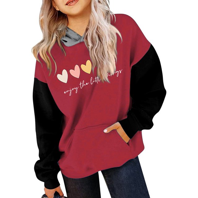 FAOWME Child Long Sleeve Color Matching Printed Letters Hooded Sweatshirts Pullover Tops Red 4-5 Years