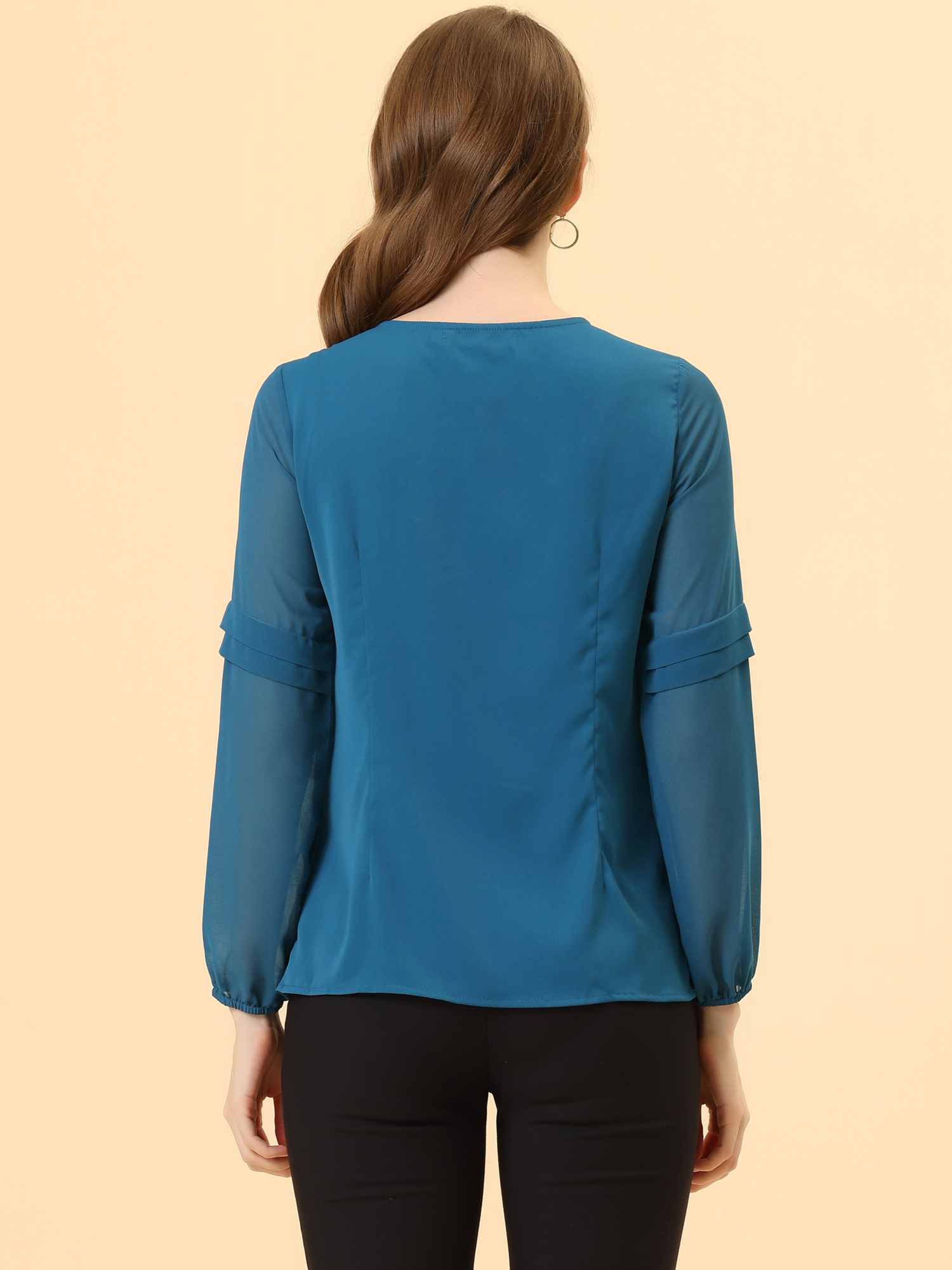 DARING DIVA Chiffon Semi Sheer Long Sleeves Keyhole Neck Blouse XL Lake Blue