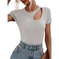 thumbnail image 3 of Arvbitana Women Solid Color T-shirt Short Sleeve Round Neck Cutout Ribbed Crop Tops Summer Casual Slim Fit Blouses Basic Tee, 3 of 9