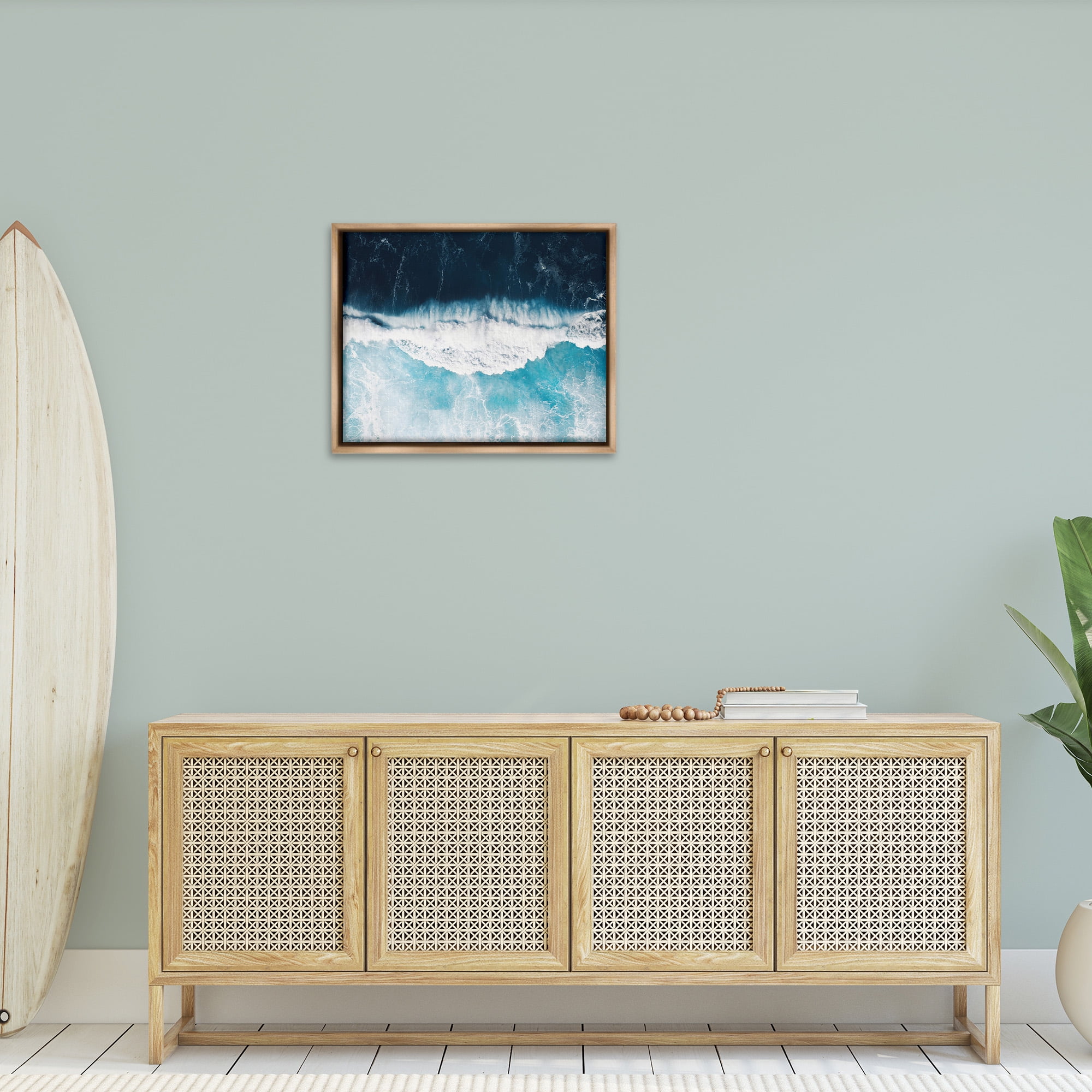 Stupell Industries Crashing Ocean Waves Landscape Photography Brown Floater Framed Canvas Art Print Wall Art, 31 x 25