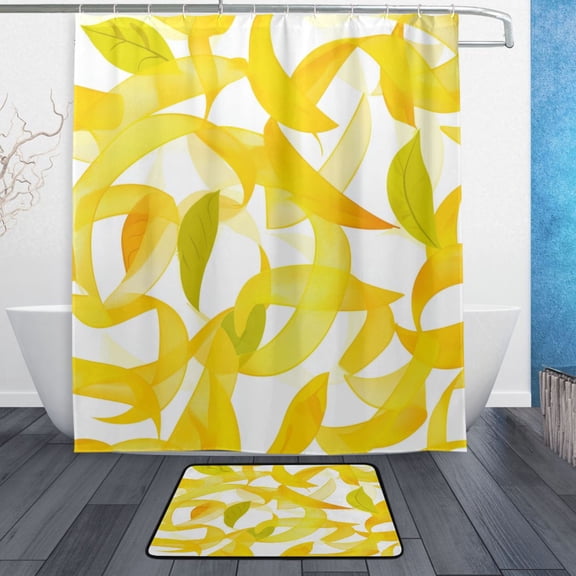 Bath Curtain & Non-Slip Bath Mat Set 12-Grommet Shower Curtain Memory Foam Bath Rug Light Yellow Leaves